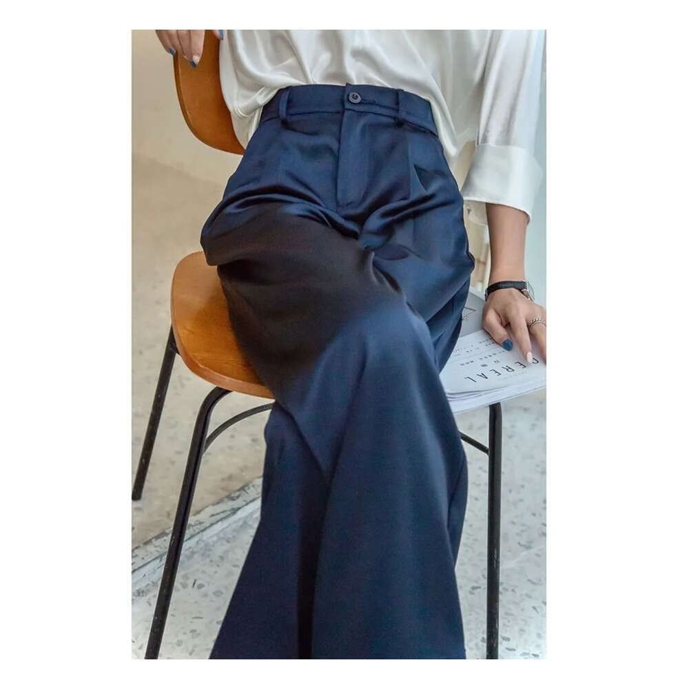 Two Piece Summer Silk Satin Womens High Waist Casual Black Korean Fashion Wide Leg Suit Pants for Women Trousers Oversize 230912 Z260314