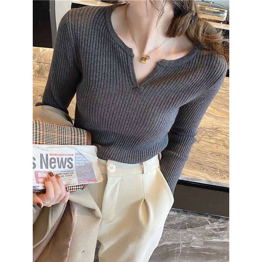 2025 Autumn Winter Women Sweater Solid Rib Knit V Neck Stripe Pull Femme Y2k Long Sleeve Pullover Jersey Tops Fashion Clothes Z260314