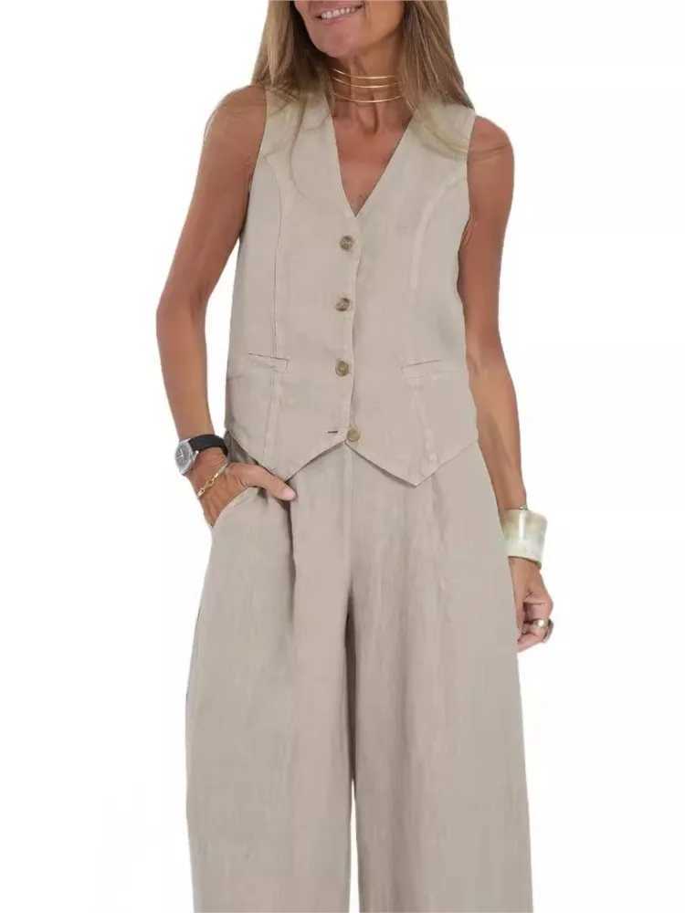 Womens Clothing 2024 Spring Summer New Fashionable Vest Pants Collage Splicing Pure Sleeveless Color Temperament Casual Suit M260313