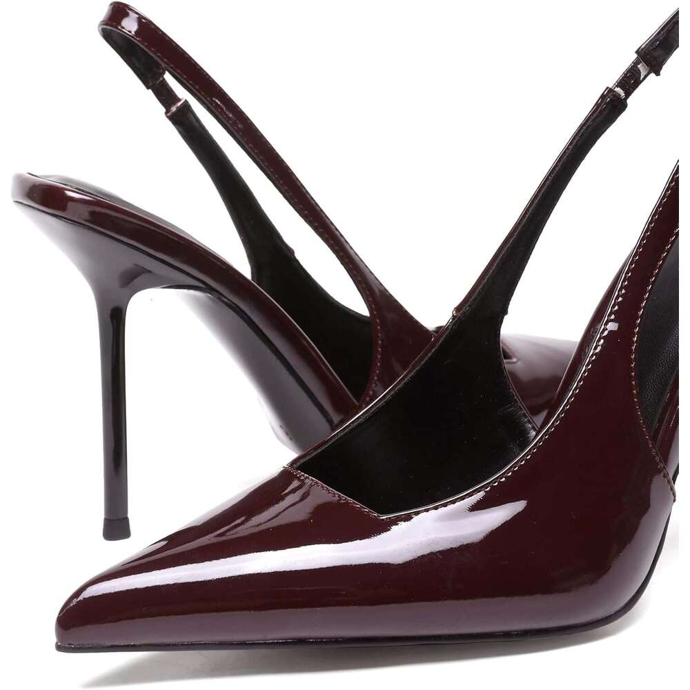 Women S Slingback Stiletto High Pointed Toe Slip On Pumps Shoes Patent Leather Stretch Strap Backless Dress Heels MOJIDASHU