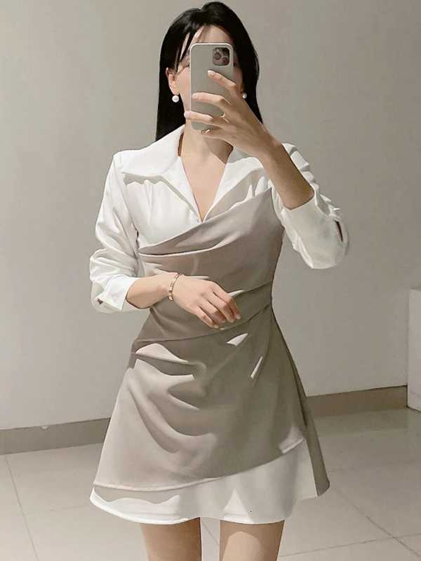 Design Sensation ort Splice Womens Dr Slimming High Waist Korean Sle Commute Long Sve irt Collar Ci WearT260314