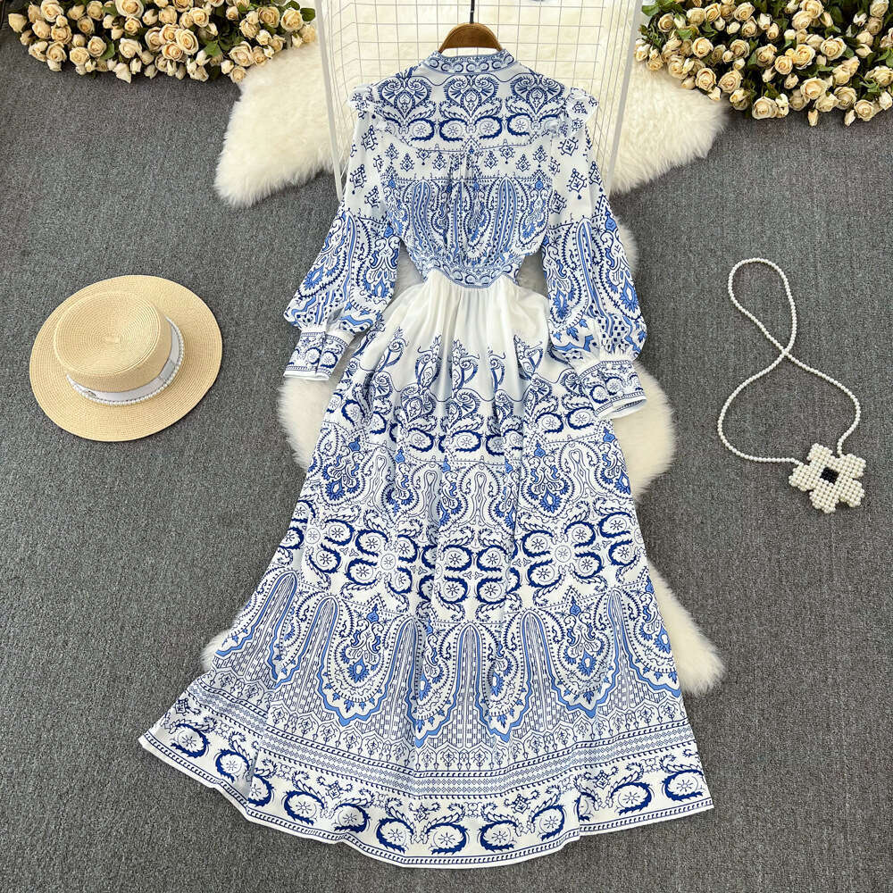 Spring and Autumn Vintage Palace Style Elegant Ruffle V-neck Single breasted Lantern Sleeve Waist A-line Printed Dress