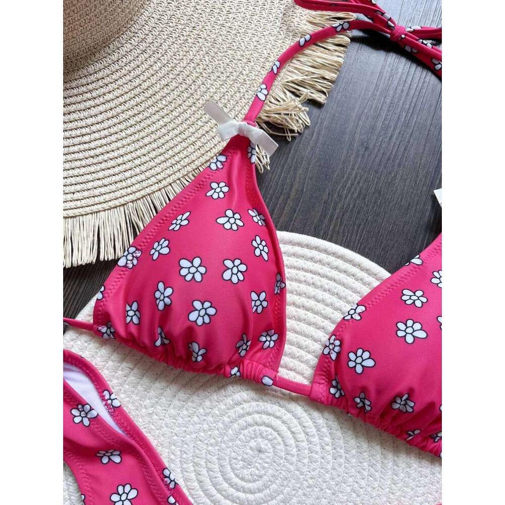 Flowers Printed Halter High Leg Cut Female Swimsuit Women Swimwear Two-pieces Bikini set Bather Bathing Suit Swim 26H0313