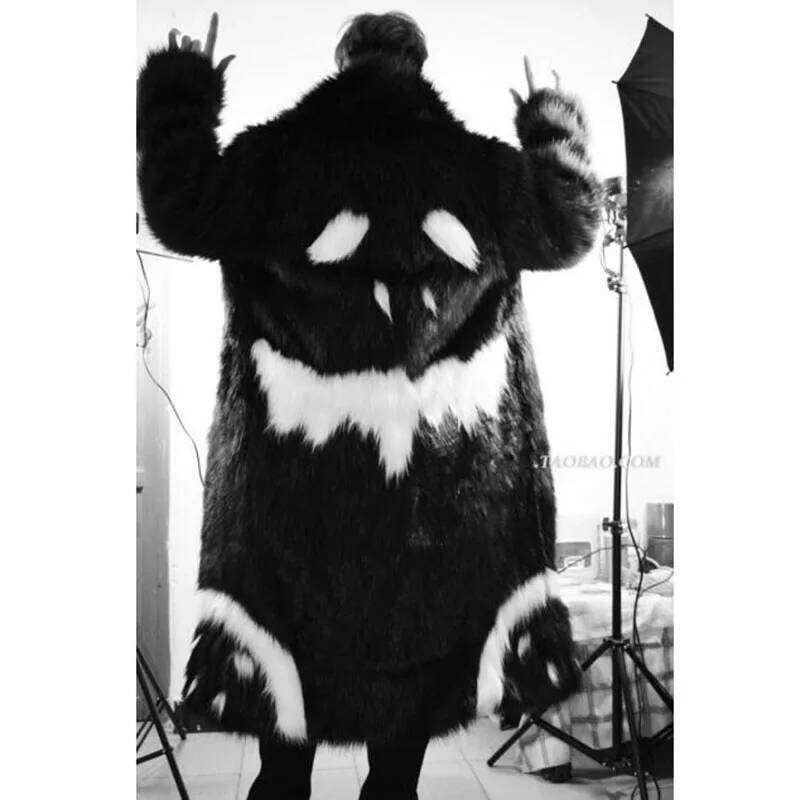 Cool Winter Unisex Thickening faux fur Long jacket Black Gown white devil windbreaker Imitation Faux Fox grimace Fur Coat Z260313
