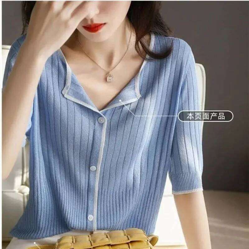 Women Clothing Fashion All-match Vertical Grain Patchwork Cardigan Summer Casual Loose V-neck Short Sleeve Top Chic Solid Tshirt Z260313