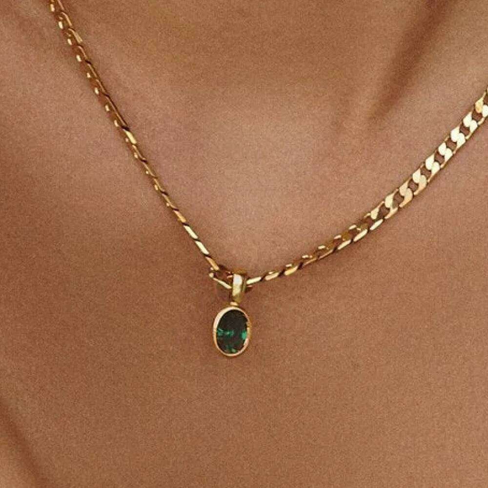 Dainty Stainless Steel Oval Multi-color Natural Stone Pendant Necklace for Women 18k Gold Plated Cuban Chain Necklaces Jewelry H260312