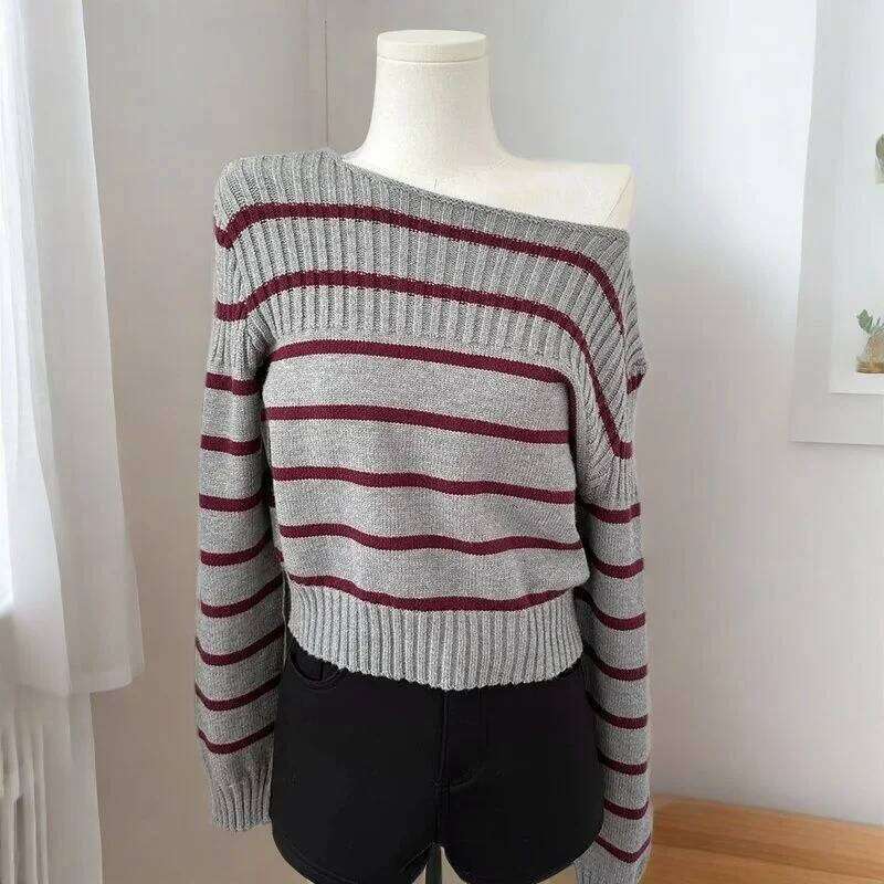 Korean Red Stripe Pullover Sweater Women Autumn Winter New Style Fashion High Grade Sense Knit Off Shoulder Top Z260313