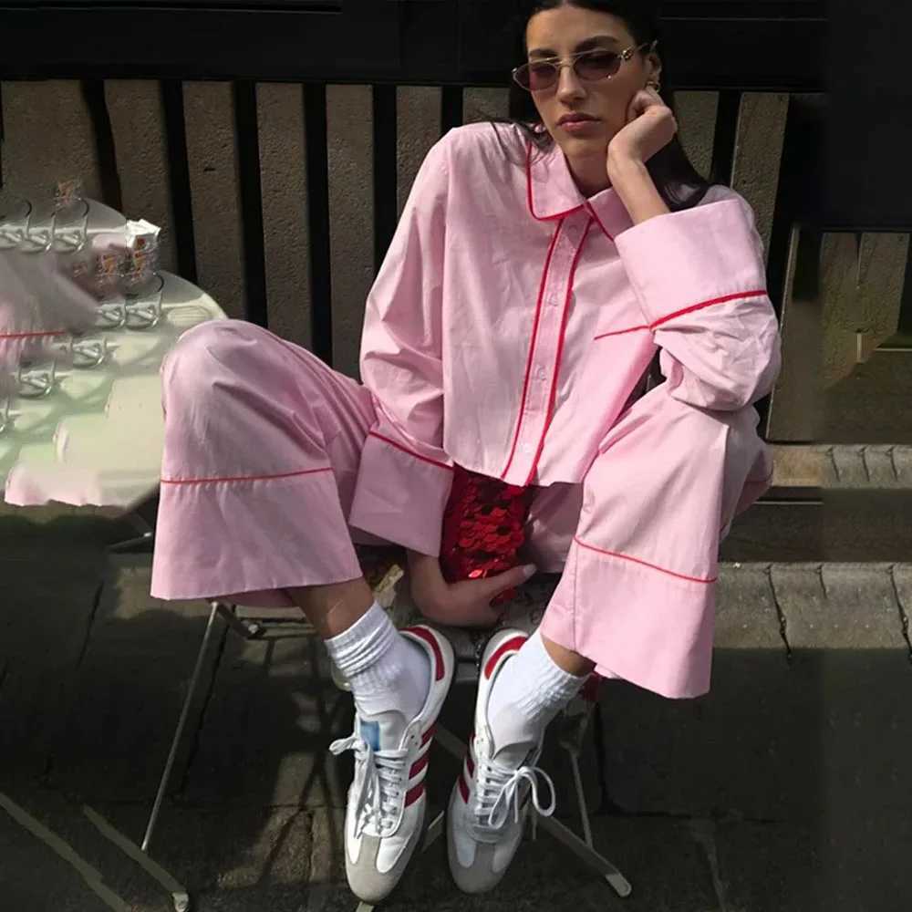 PRINTKAOIR Chic Patchwork Long Pant Sets For Women Lapel Long Sleeve Blouse Wide Leg Trousers 2 Pieces Sets Lady Streetwear M260313