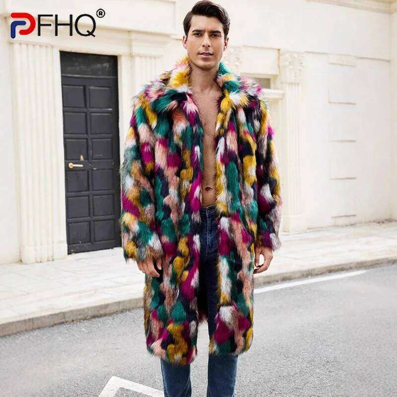 PFHQ Niche Men's Faux Fur Jacket Autumn Winter New Colorful Warm Coat Long Sleeve Cardigan Lapel Fashion Clothing 21P1294 Z260313