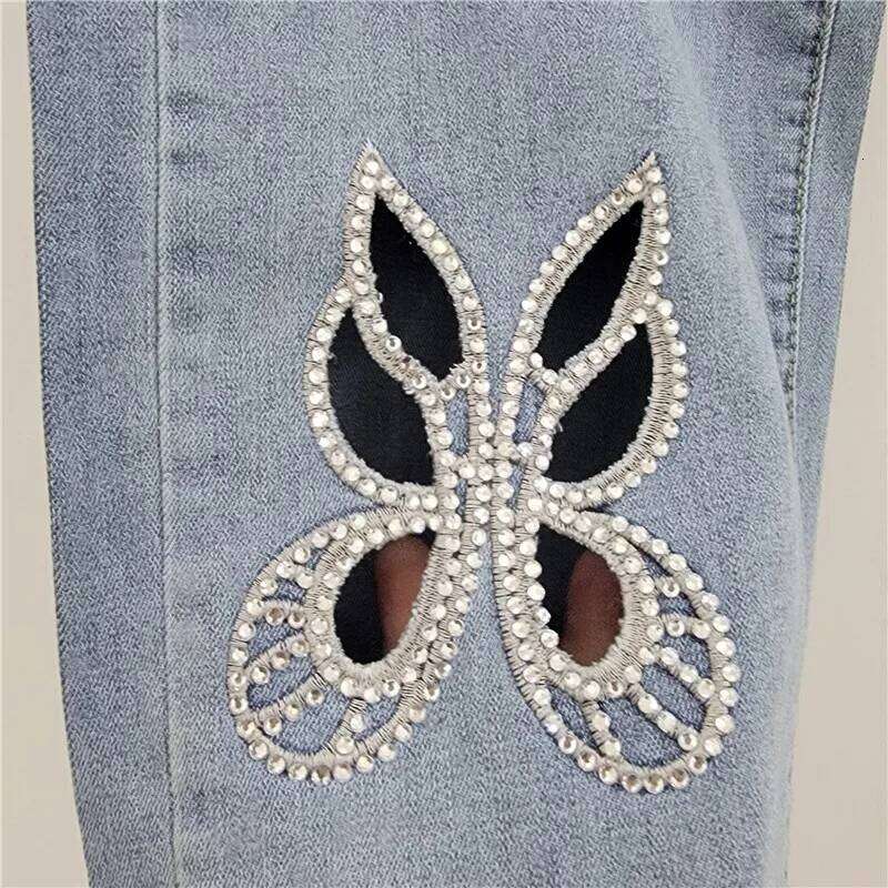YEAE Women's Jeans High Waist Straight Flowers Shape Hollow Out Rhinestone Wide Leg Denim Pants 2025 New Fashion Spring Z260313