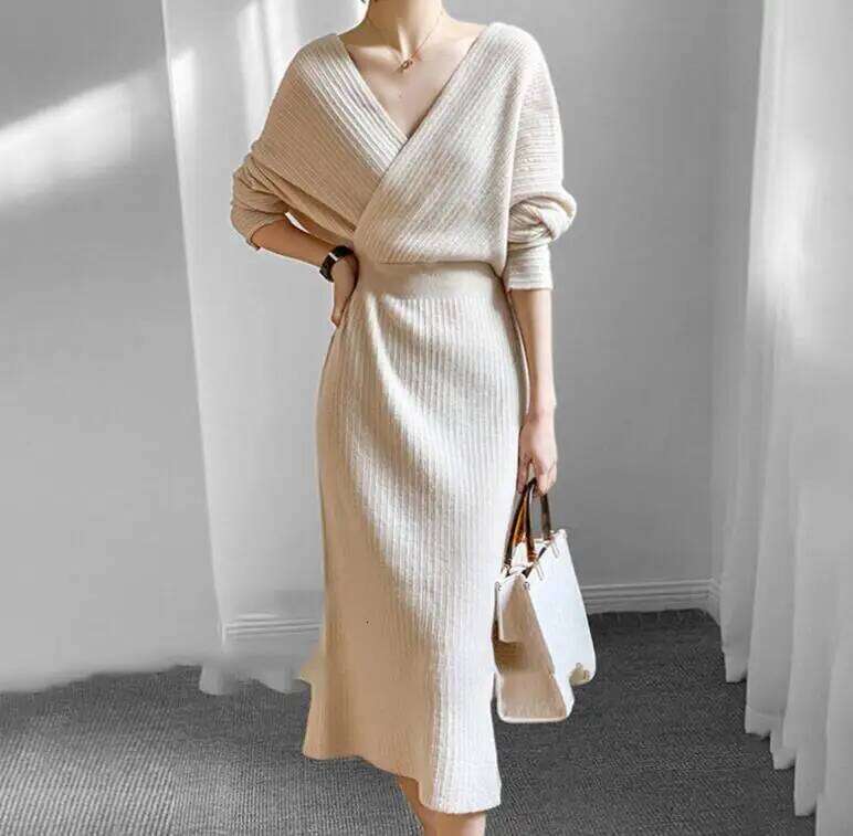 New Autumn/Winter Fashion Long Sleeve V-neck Knitted Solid Color Slim Fit Dress For Women,5 Colors Z260314