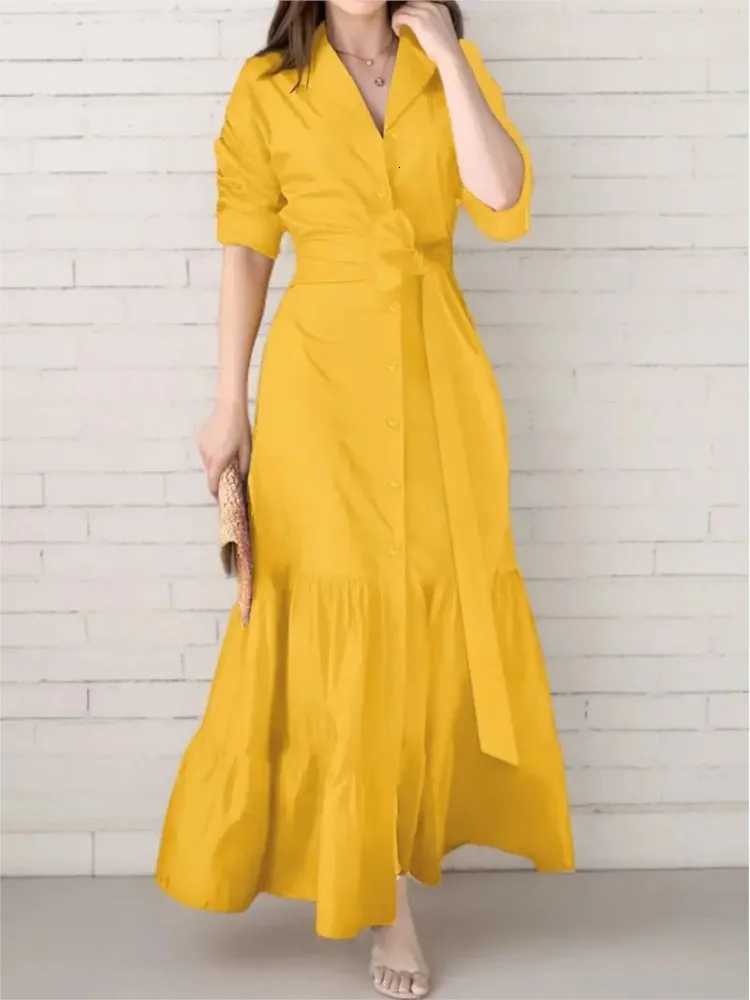 Elegant Womens Dress Summer Fashion Solid Color Long-sleeved Shirt Dress Boho Style Waist Lace-up Maxi Dresses Femme VestidosT260314