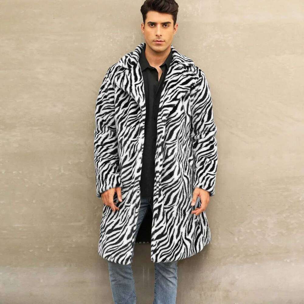 Faux Coat Winter Fluffy Zebra-stripe Sleeve Warm Shaggy Outerwear Luxury Fur Long Jacket Bontjas Jackets Men Z260313