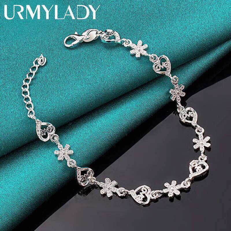 URMYLADY 925 Sterling Silver Flower Love Heart Bracelet For Women Wedding Fashion Gift Jewelry Z260313