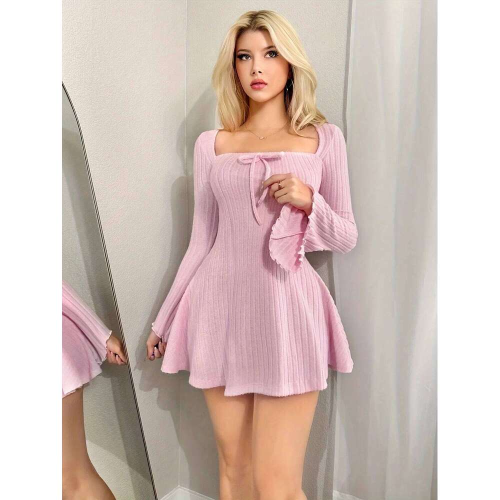 Elegant Knitted Long Sleeve Dress for Women Autumn Winter New Style Pure Color Square Collar with Bow Decoration Flared Cuffs Z260313