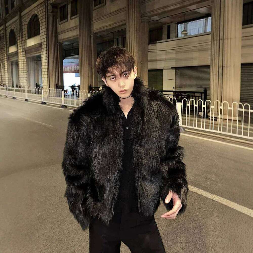 Autumn Winter New Fashion Men's Black Solid Color Casual Trendy Loose Stand Collar Long Sleeve Faux Fur Coats Male Clothes Tops Z260313