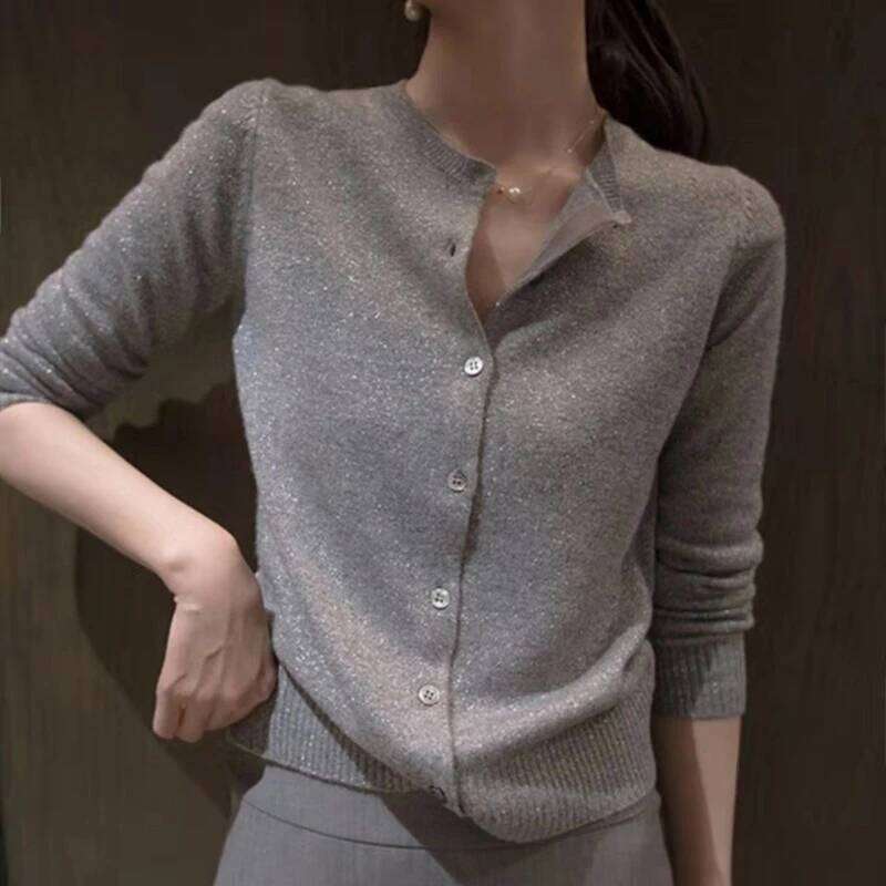 Spring and Autumn Thin Women's Round Neck Knit Solid Color Bright Silk Jacket Loose Bottoming Cardigan Sweater Z260313