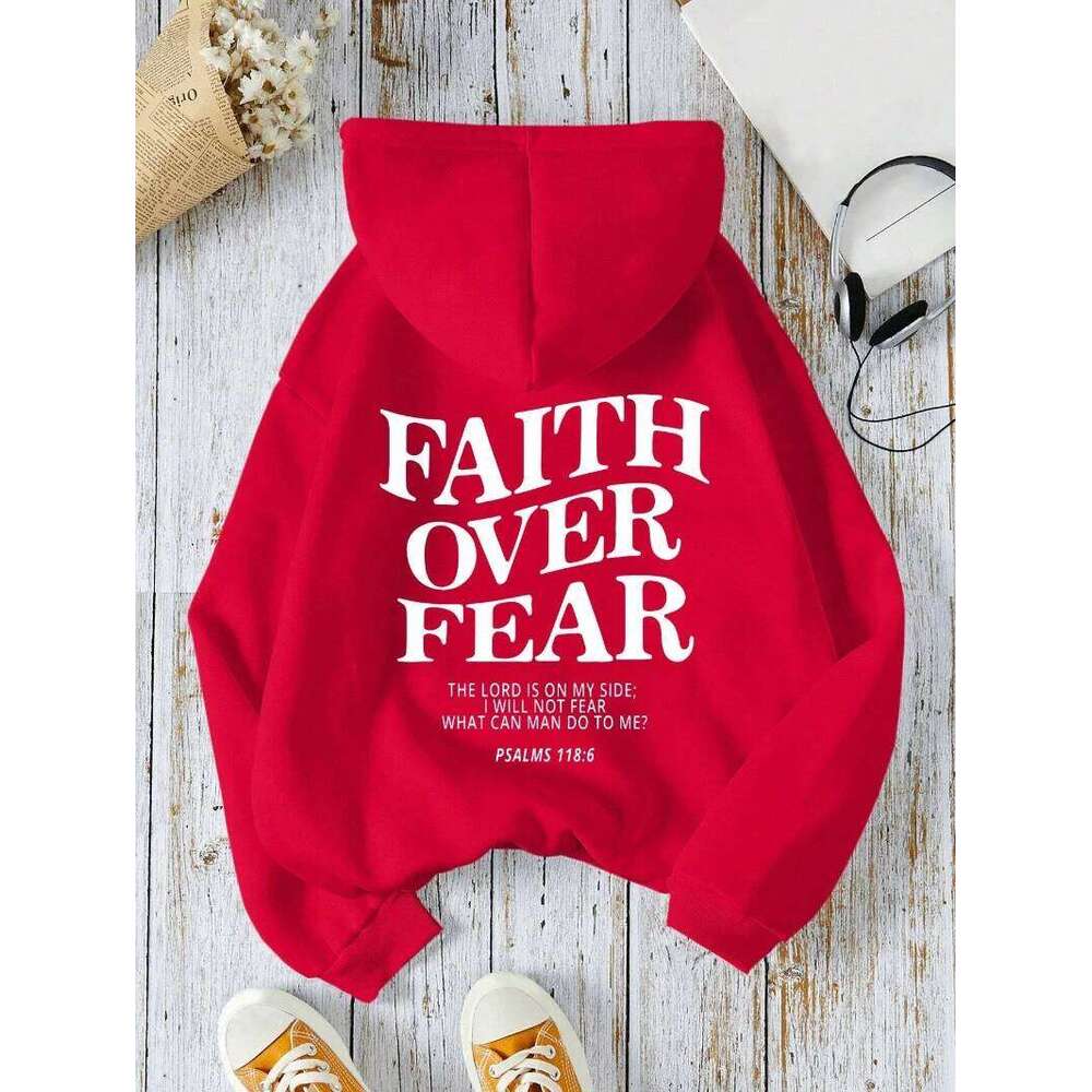 Casual hoodie, faith overcomes fear, letter printed sweatshirt, warm and comfortable pocket pullover, autumn streetwear Z260315