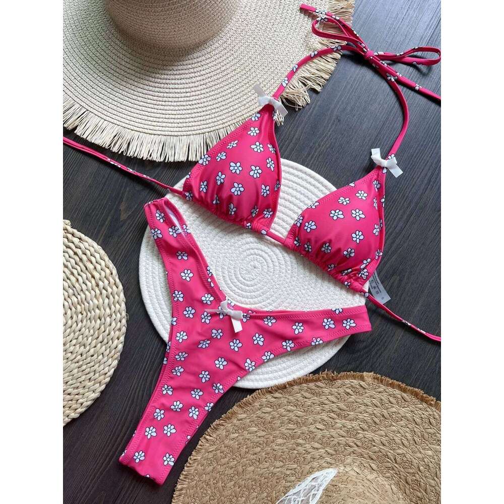 Flowers Printed Halter High Leg Cut Female Swimsuit Women Swimwear Two-pieces Bikini set Bather Bathing Suit Swim 26H0313