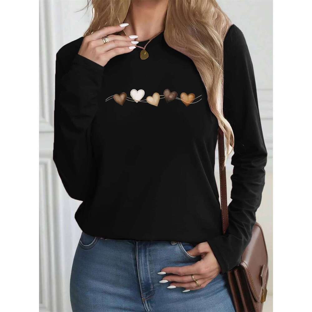 Women's autumn and winter 100% pure cotton fashionable casual heart-shaped printed round neck long sleeved T-shirt top Z260314