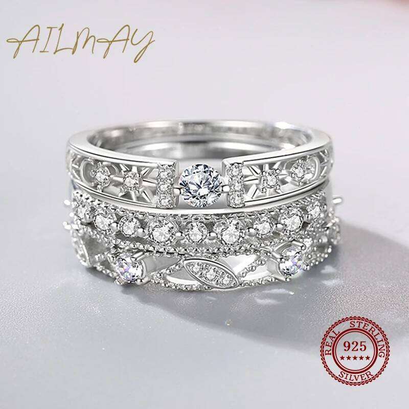 Ailmay Real 925 Sterling Silver Clear CZ Finger Geometric Line Rings For Women Classic Wedding Statement Jewelry H260312
