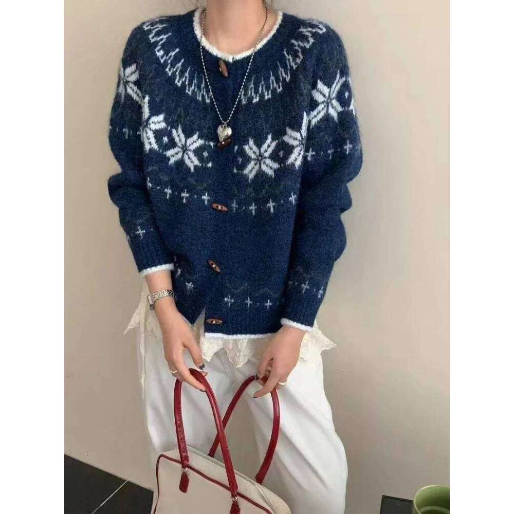 Autumn Winter Retro Jacquard Women Sweater Korean New Lazy Style Loose Long Sleeves Bull Horn Button Knitted Cardigan Z260313