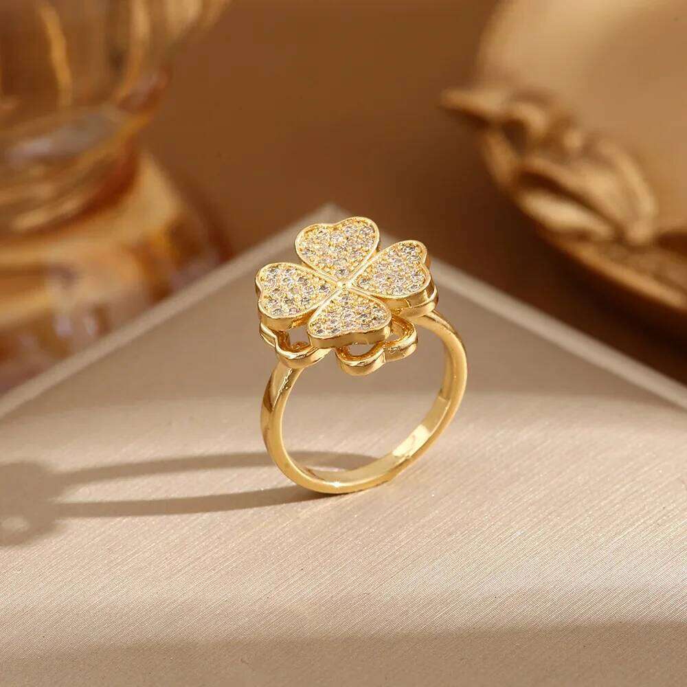 YILUOCD Four Leaf Cr Rotating Anxiety Cubic Zirconia Flower Adjustable Ring for Women Anti-Stress Fidget Jewelry Gift H260312
