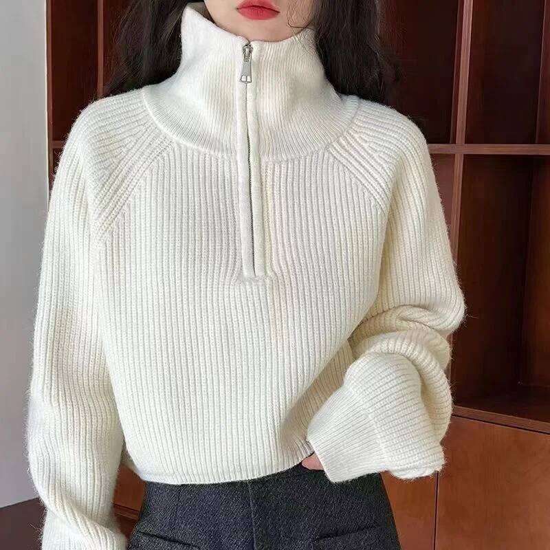 Women's New Spliced high-neck Zipper Knitted Loose Sweater Bottoming Style Long-sleeved Top Z260313