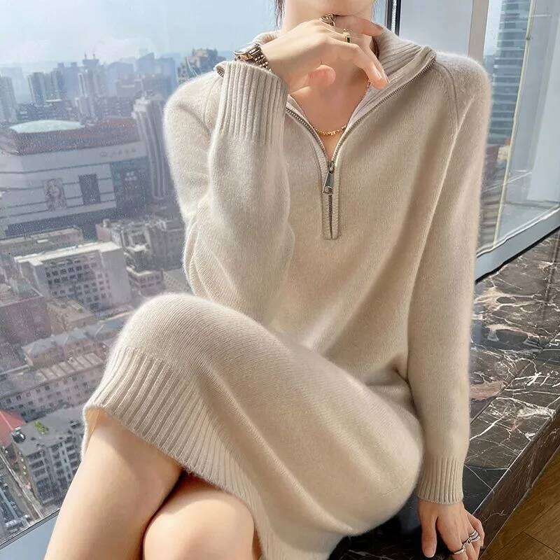 Autumn Winter Knitted Turtleneck Women's Long Skirts Loose Solid Color Versatile Sweaters for Outer Wear Z260314