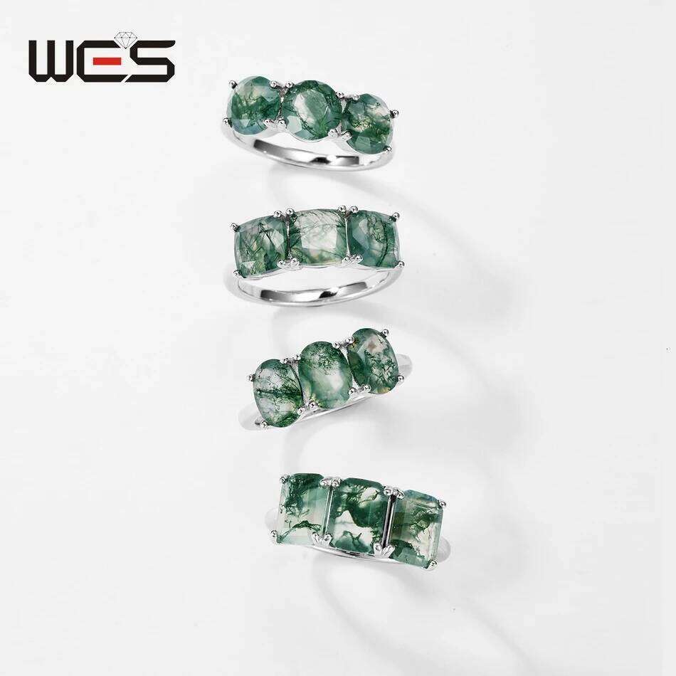 WES 925 Sterling Silver Three Stones Natural 6*8mm Moss Agate Ring for Woman Luxury Jewelry Wedding Party Gift Rhodium Plated H260312