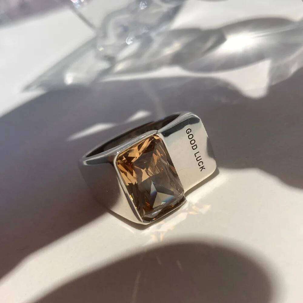 Fashion Good Luck Letter Square Crystal Stainless Steel Opening Couple Rings for Women Men Charm Finger Jewelry H260312