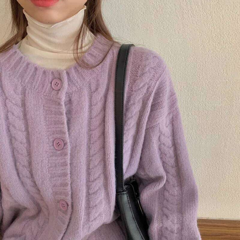 Autumn Winter Vintage Tops 2026 Knitted Cardigan Women Ladies O-Neck Purple Sweaters Lazy Style Loose Long Sleeves Coat Z260314