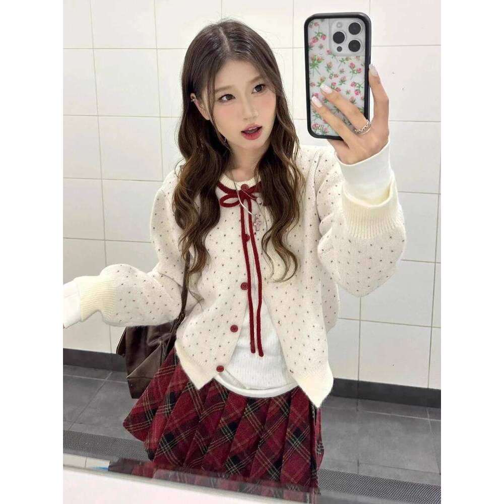 Korean Sweet Polka Dot Knitted Sweater Cardigan Women Design Fashion O Neck Y2k Jacket Tops Chic Preppy Style Retro Outfits New Z260313