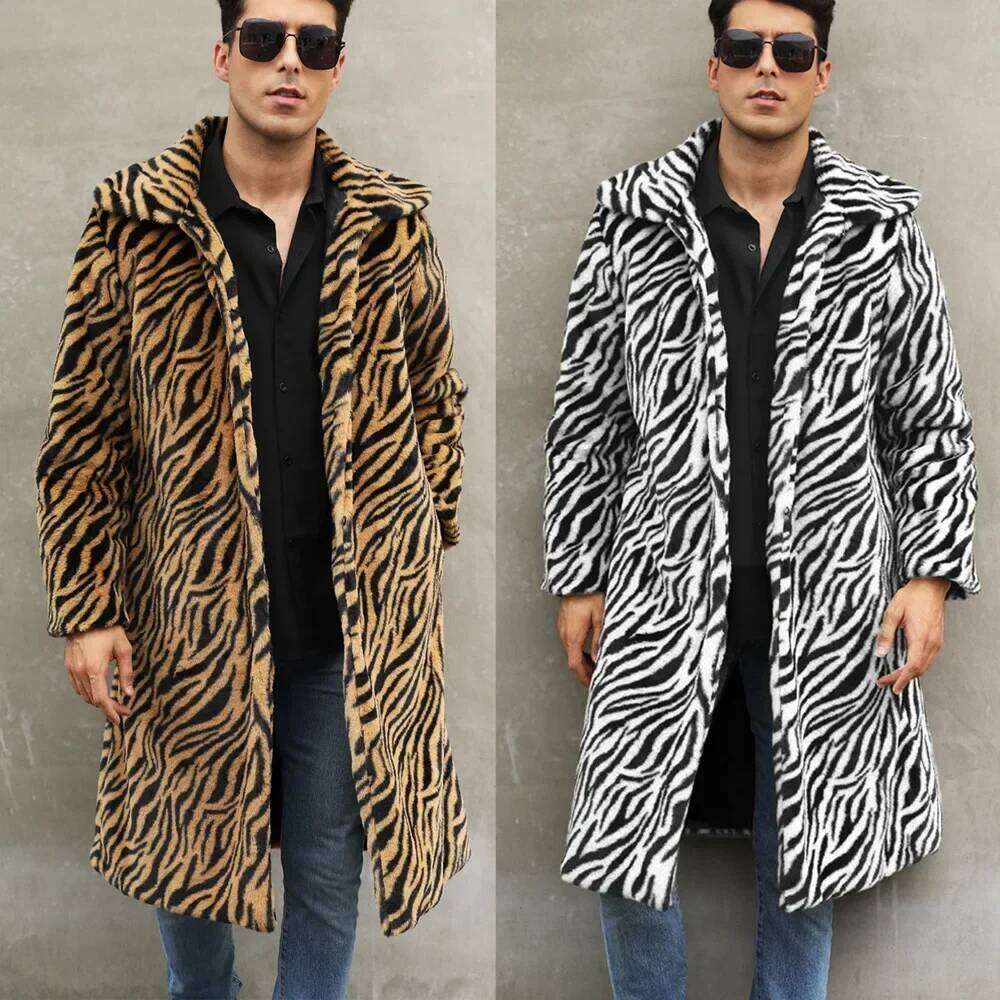 Men Faux Fox Coat Winter Zebra-stripe Thick Fluffy Warm Shaggy Outerwear Luxury Fur Long Jacket Bontjas Jackets Mens Z260313