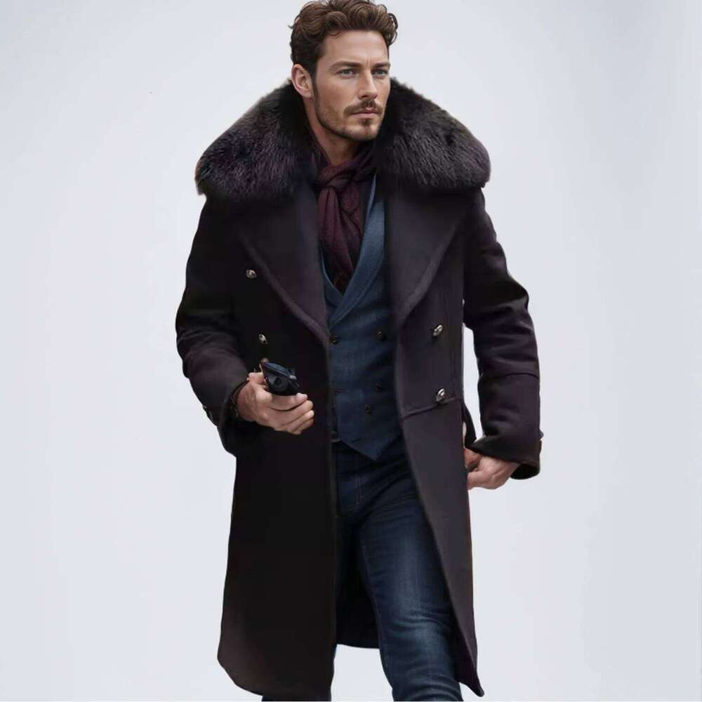 2025 Winter Men Coat Streetwear Fur Collar Long Sleeve Male Trench Jacket Mid Length Double-breasted Windproof Man Outerwear Z260313