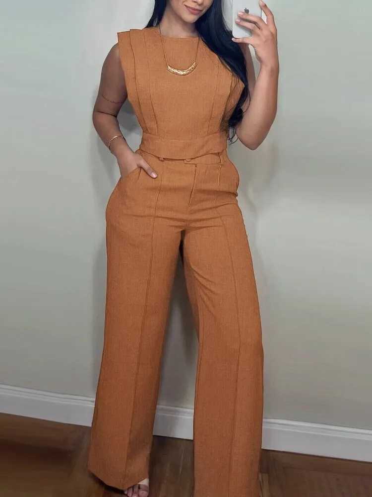 Spring Summer Womans Solid Office Suit Fashion O-neck Sleeveless TopWide-leg Pants Two-piece Set Ladies Temperament Outfit M260313