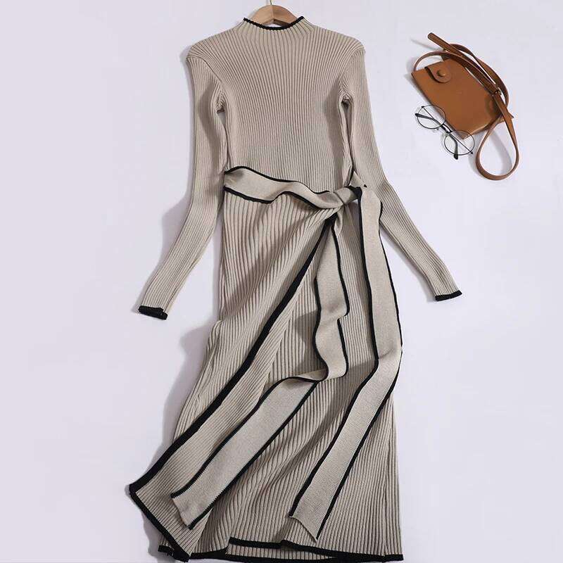 ITOOLIN Women Office Mock Neck Irregular Knit Vintage Mid-Length Bandage Slim Bottom Long Sleeve Sweater Dress Z260313