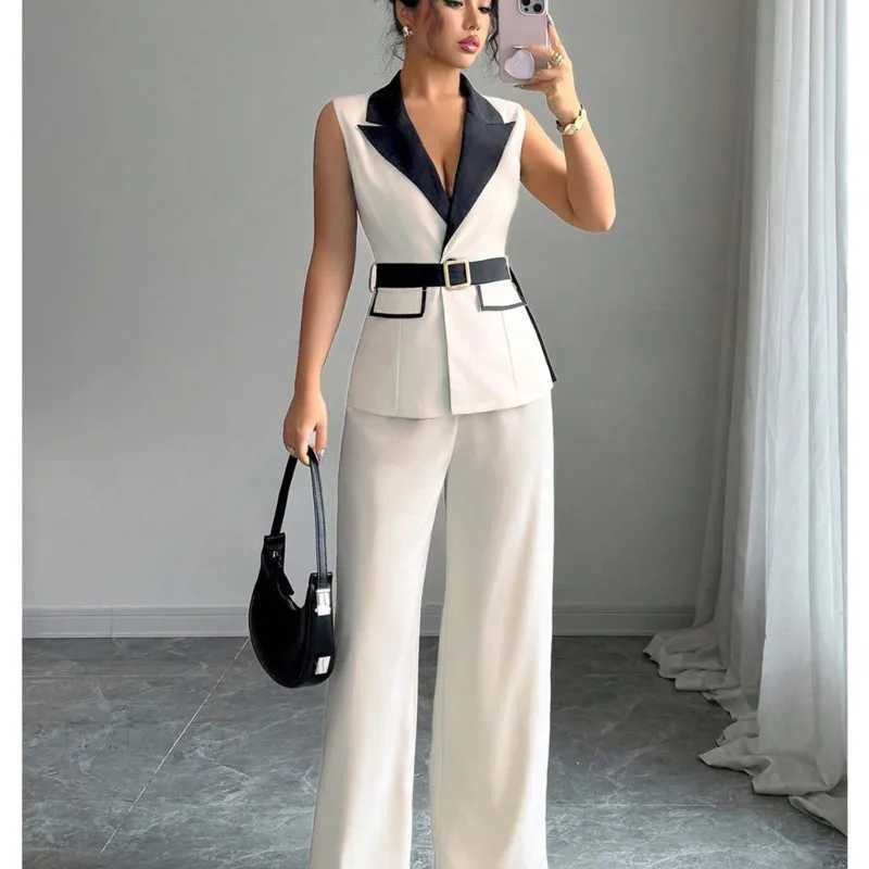 Vest Suit Women Wide Leg Pants Waistcoat 2 Piece Sets Sleeveless Jacket Belt Tight Waist Outfits Trousers Office Lady Ensemble M260313