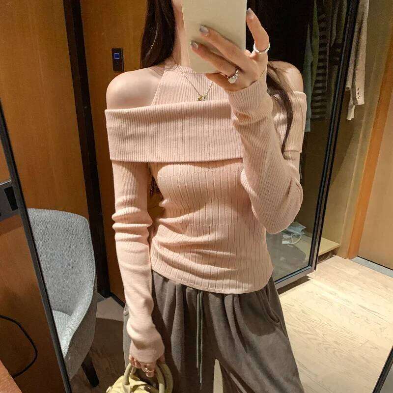 Unique Design Fake Two Piece Off Shoulder Long Sleeve Knitwear Womens Spring Autumn New Arrival Stand Alone Top Z260313