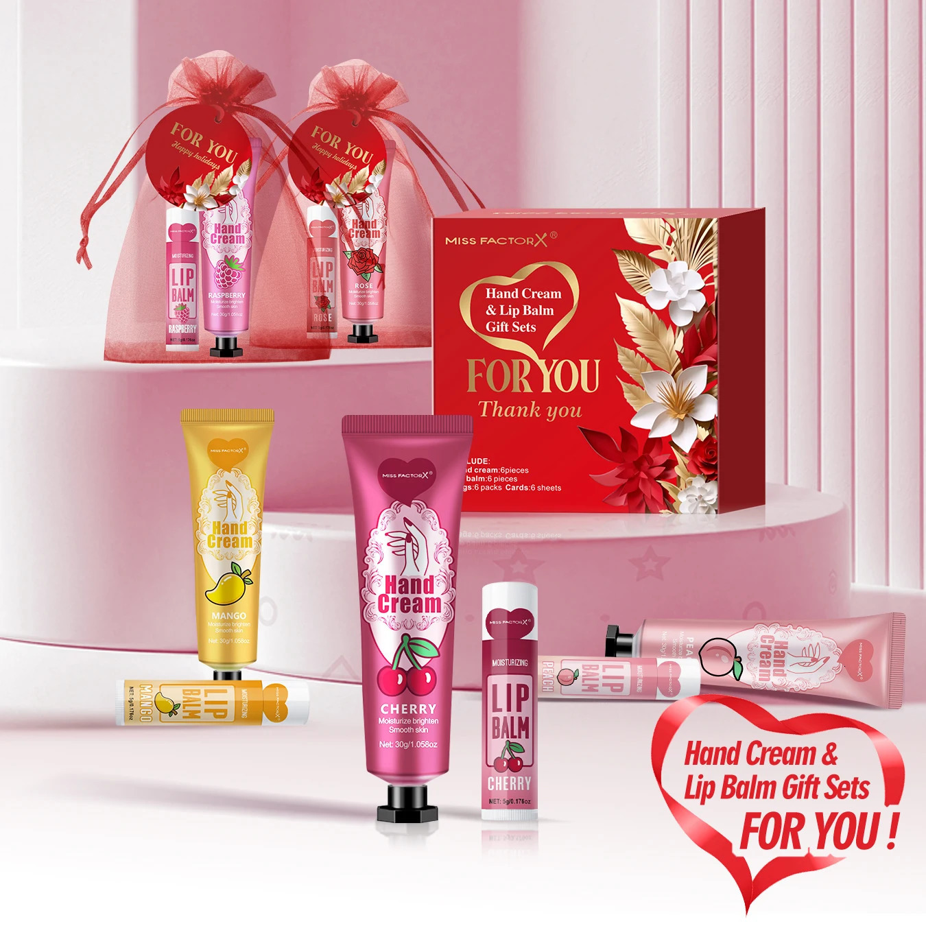 24PCS/box bulk Lip balm bulk Hand cream bulk Red thank you card and red gauze bag lywed Thank you gifts to guests Christmas N 260304