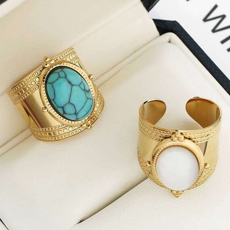 Bohemia Turquoise Natural Stone Wide Open for 14K Gold Plated Stainless Steel Ring Finger Rings Women Jewelry Gifts H260312