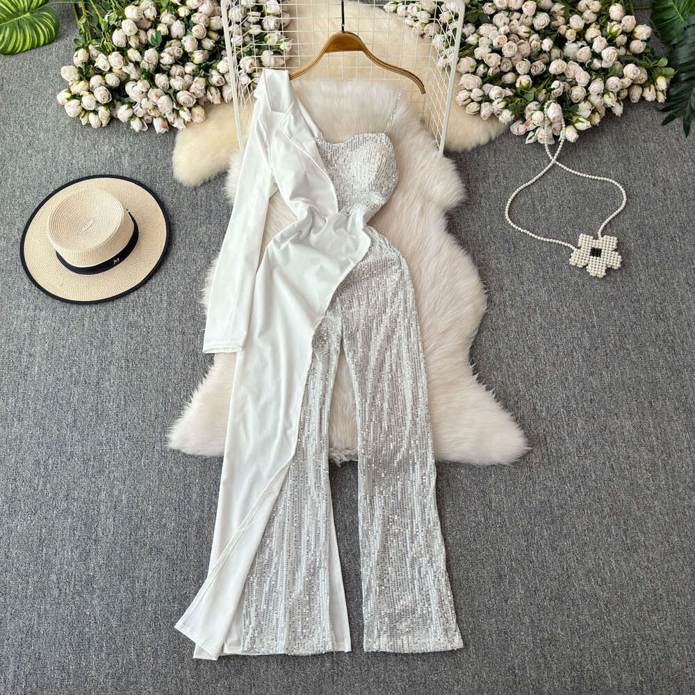 Socialite high-end elegant women's jumpsuit fashionable niche light luxury off shoulder lace up long sleeved sequin splicing