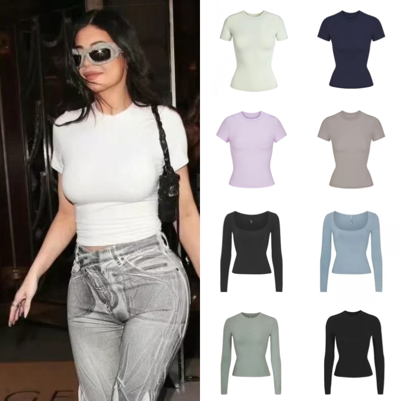 Kim Kardashian Top Women Clothes Top T-Shirt Short Sleeve Stretch Slim Kylie Same Style Ribbed Cotton Crew Neck Base Shirt High quality yoga clothing