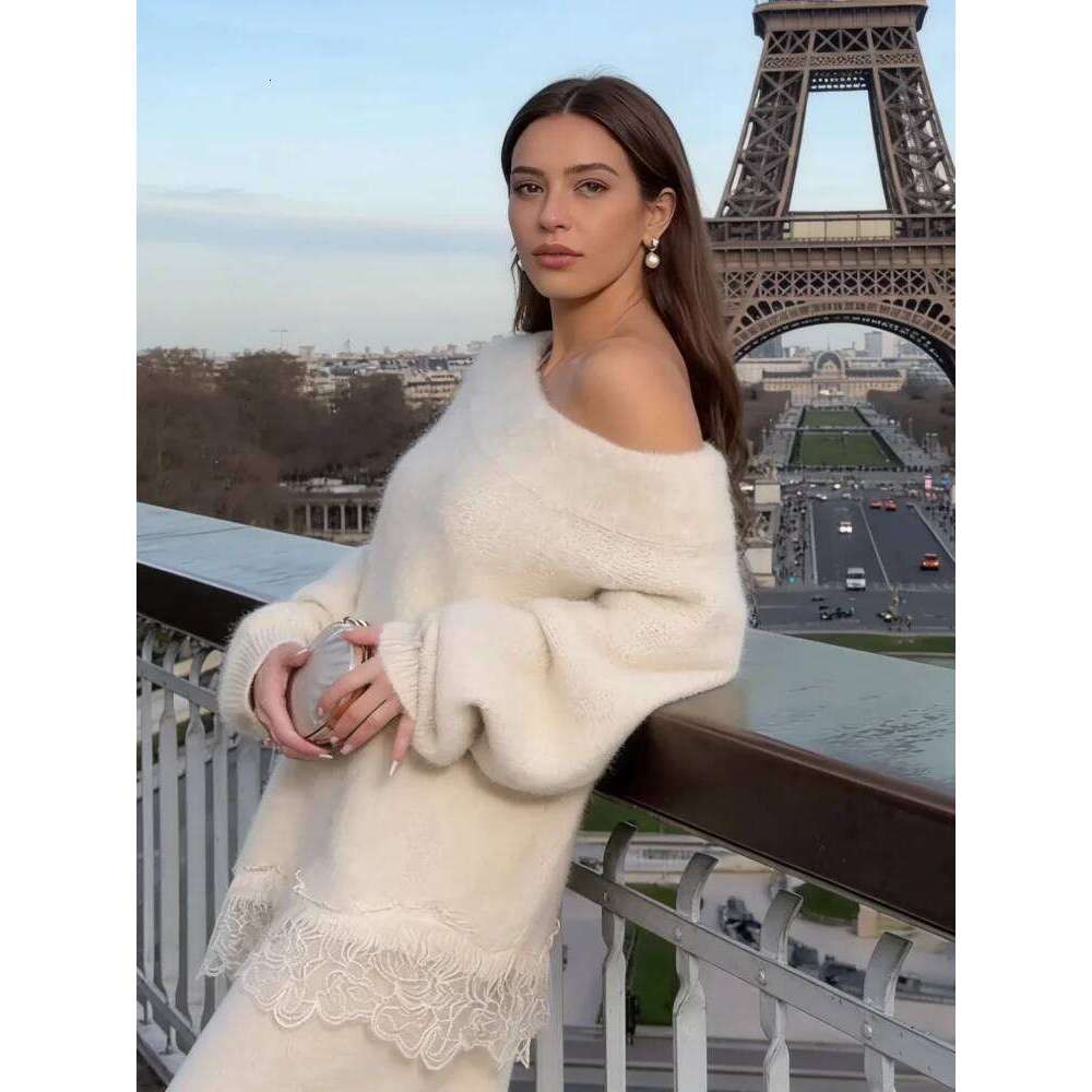 Lace Patchwork Knitted Pullover Women Stylish Full Sleeve Slanted Collar Irregular Hem Loose Pullovers Lady Spring Autumn Wear Z260313