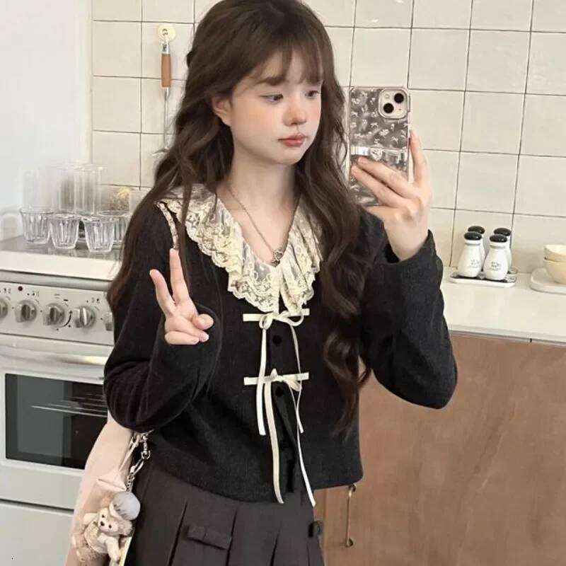 Long Sleeve Knitted Cardigans Women Single Breasted Patchwork Sweet Lace Fall Winter Lovely Casual Tops Bow V-neck All-match Ins Z260314