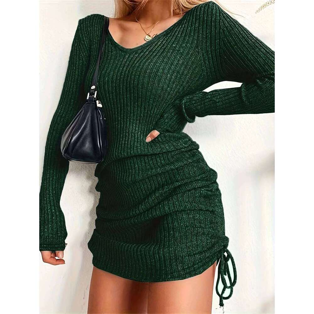 Knitted sweater V-neck long-sleeved women's autumn and winter sexy slim-fit ribbed pleated drawstring bottoming skirt Z260314