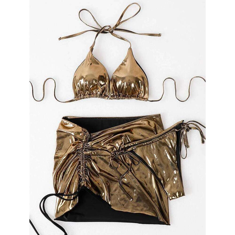 Sexy Shiny Golden Halter 3 Pieces Bikini Set With Drawstring Beach Skirt Backless Swimsuit 2026 New Swimwear Women Beachwear Y260303