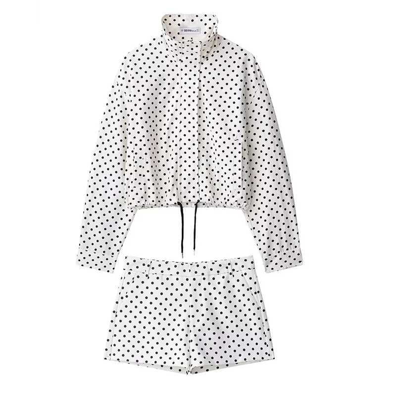 Fashion Polka Dot Shorts Sets For Women 2025 Autumn Drawstring Bomber Jacket High Waist Shorts 2 Pieces Set Woman Outfits M260313