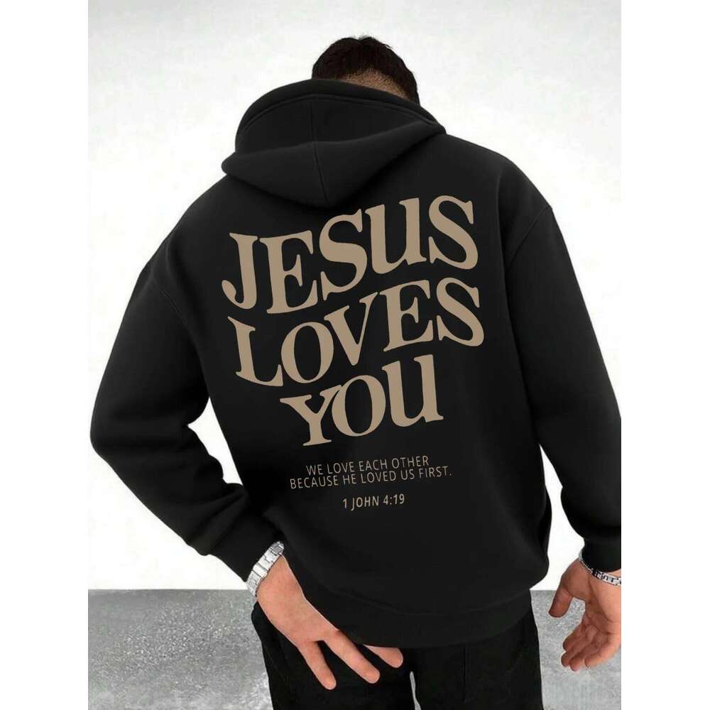 1pc OBM Men's Hooded Sweatshirt - Black Religious Message Pullover with Front Pocket, Loose Fit Hoodie Featuring "Jesves You Z260315