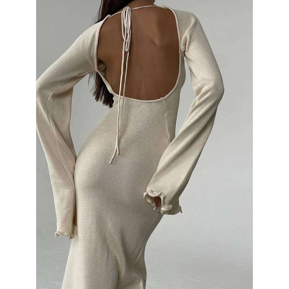 Sexy Backless Knitted Sweater Maxi Dress Outfits for Women Flare Sleeve Dresses Edible Tree Fungus Clothes 2024 Winter Z260314